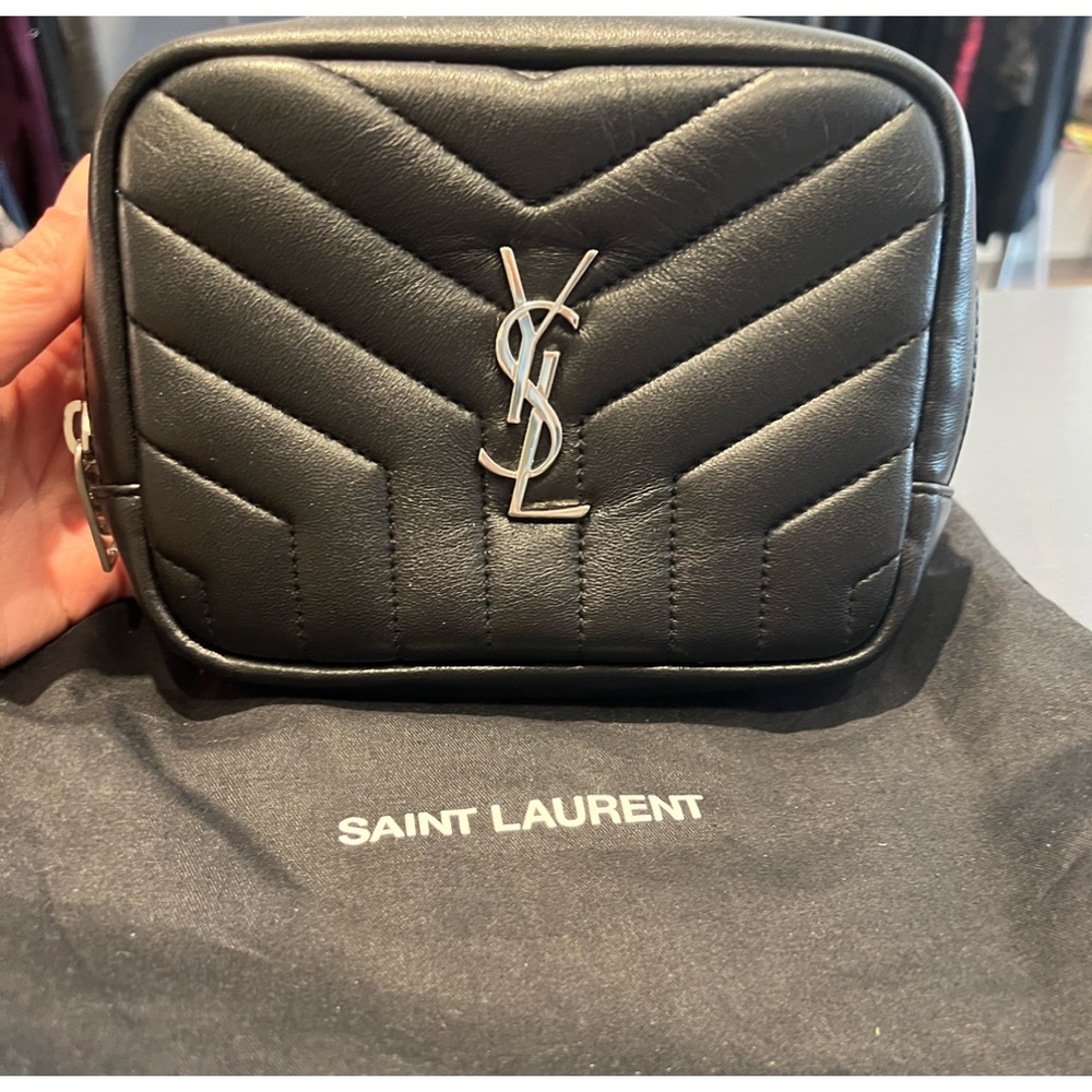 YSL Cassandre matelasse Black leather small pouch clutch w/silver YSL dust bag